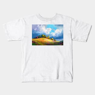 Abstract landscape with hills and trees and cloudy sky. Kids T-Shirt